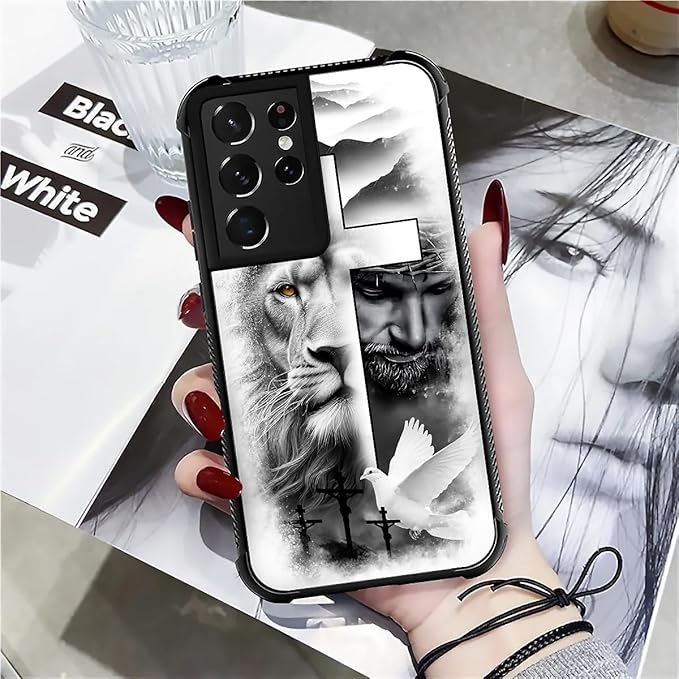 for Samsung Galaxy S21 Ultra Case, Lion Cross Jesus Christ Dove Pattern Graphic Design Girl Boy Soft Silicone Hard Acrylic Shock Protection for Samsung Galaxy S21 Ultra