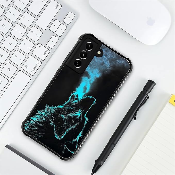 for Samsung Galaxy S22 Case, Blue Breathing Wolf Pattern Graphic Design Girl Boy Soft Silicone Hard Acrylic Shock Protection for Samsung Galaxy S22