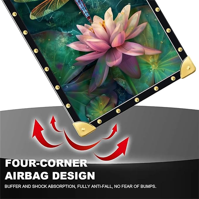 for iPhone 17 Pro Max Case Luxury Golden Decoration for Girl Women Soft TPU Shockproof Protective Hard PC Back for iPhone 17 Pro Max Crazy Pattern Colourful Dragonfly Pink Lily Pads
