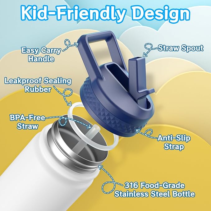 baab 18oz Kids Water Bottle, Insulated Water Bottle with Straw & Stickers, 18/8 Stainless Steel Vacuum Leakproof Kids Water Straw Cup for School, Perfect for Boy Girl (White, 1 Pack)