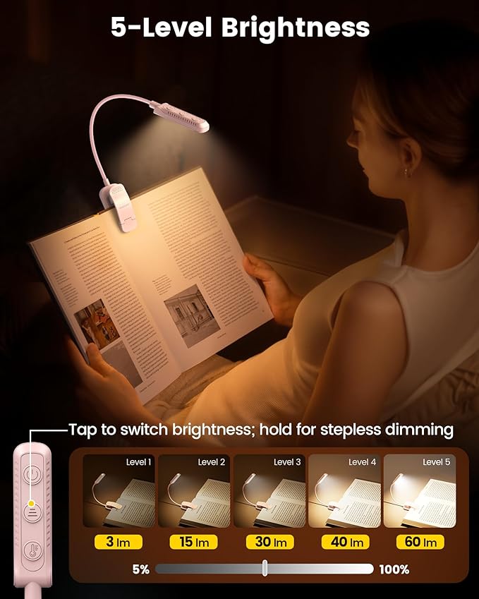 Glocusent 13 LEDs Book Lights for Reading at Night, 120 Hrs Runtime Rechargeable Reading Light, Eye Caring 3 Colors & 5 Stepless Dimming Brightness 3–60LM, Flexible Clip on Light for Book Lovers Kids