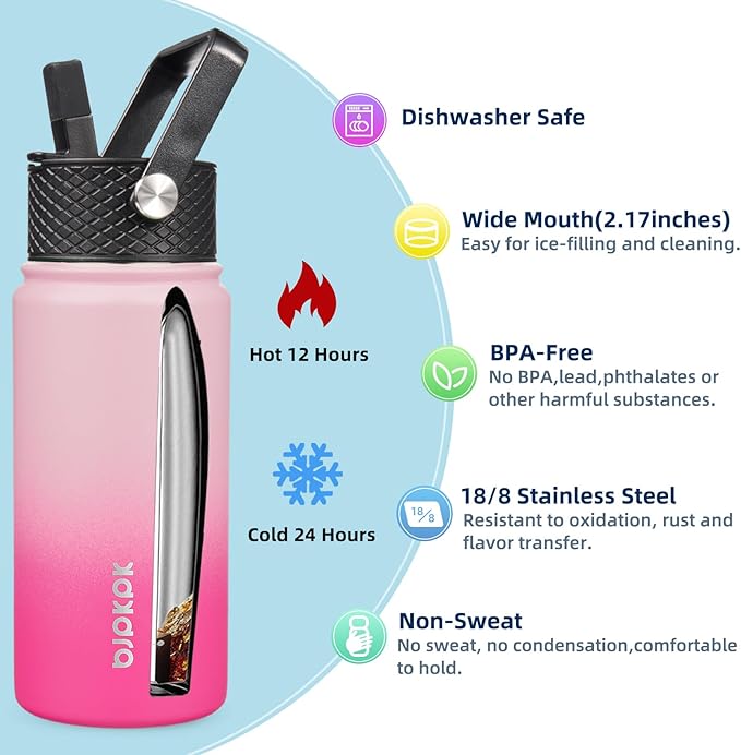 BJPKPK 2 Pack Insulated Water Bottles with Straw Lids, 18oz Stainless Steel Metal Water Bottle with 6 Lids, Leak Proof BPA Free Jugs, Cups, Flasks for Travel, Sports (Cherry+Black)