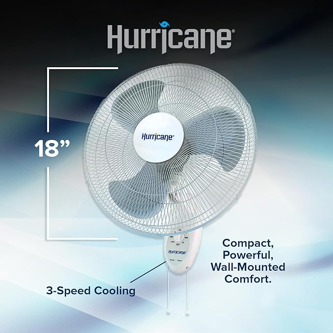 Hurricane 18" Supreme 90-Degree Oscillating Wall Mounted Fan with 3 Quiet Speeds, White - Indoor Air Cooling Unit with Adjustable Tilt and Pull Cords for Bedroom, Garage, Office, and Home