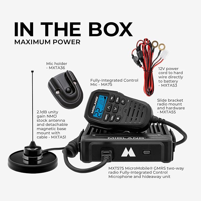 Midland MXT575 GMRS Mobile Radio, Two-Way Radio with NOAA Weather Scan and Alert - for Farms, Ranches, Overlanding - Repeater Capable, Integrated Control Mic,- External Magnetic Mount