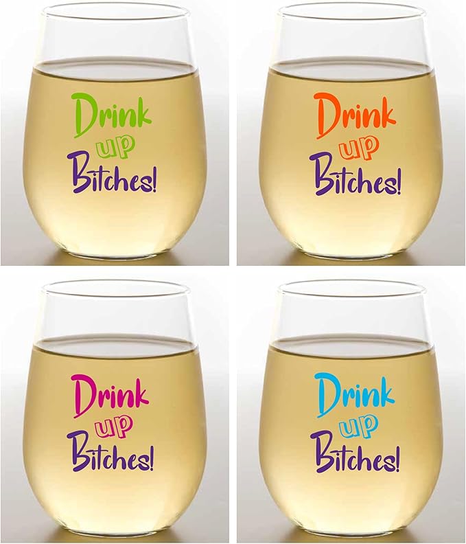 Wine-Oh! Set of 4 Shatterproof Designer 16 oz Plastic Wine Glasses MADE in the USA (DRINK UP BITCHES)