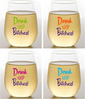 Wine-Oh! Set of 4 Shatterproof Designer 16 oz Plastic Wine Glasses MADE in the USA (DRINK UP BITCHES)