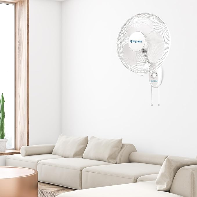 Hurricane 16" Supreme Oscillating Wall Mount Fan w/ 3 Quiet Speeds, White - Corded Electric Air Cooling Unit w/ Easy Pull Cord Controls for Homes, Greenhouses, Garages, Workshops & Gyms