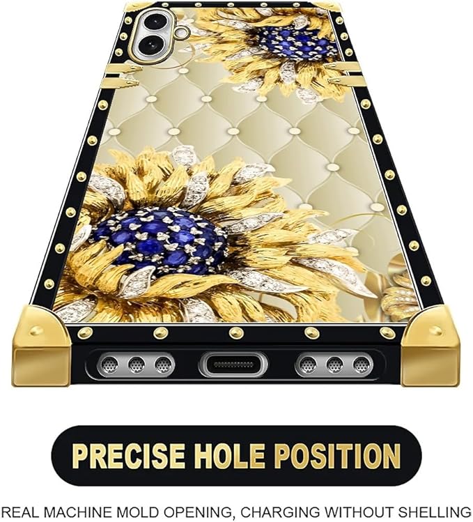 for iPhone 17 Case Luxury Golden Decoration for Girl Women Soft TPU Shockproof Protective Hard PC Back for iPhone 17 Crazy Pattern Sunflower Diamonds Leather