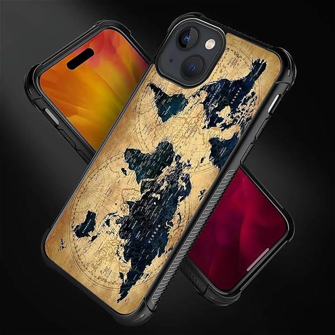 for iPhone 15 Plus Case, Brown World Map Pattern Made of Soft Silicone Hard Acrylic Shock Protection for iPhone 15 Plus