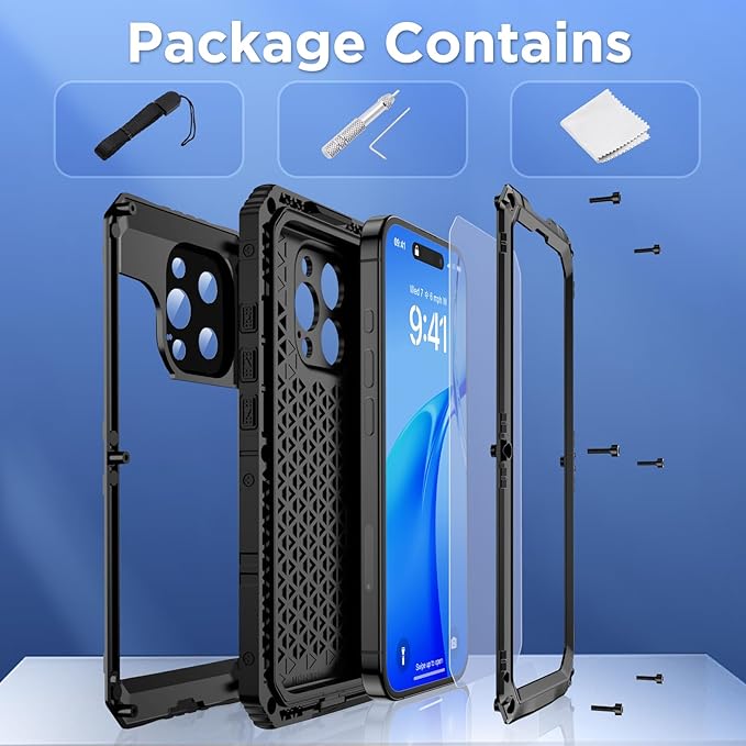 Mitywah Waterproof Case for iPhone 16 Pro, Shockproof Heavy Duty Case with Built-in Screen Protector, Underwater Full Body Protective Metal Case 6.3 inch, Black