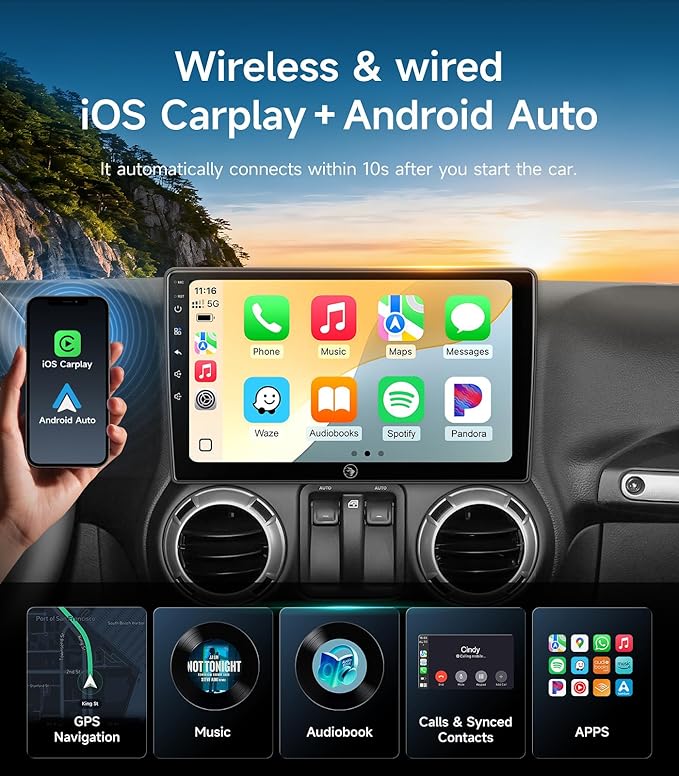 Car Radio Stereo Upgrade for Jeep Wrangler JK Compass Grand Cherokee Dodge Ram with Wireless CarPlay/Android Auto/10.2'' TouchScreen/Android13/GPS Navigation/Backup Camera (New-HC-Jeep 2+32G)