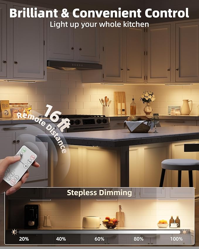 EZVALO 5-Pack Under Cabinet Lighting, 2400mAh Motion Sensor Light, LED Closet Lights Wireless, 3000K Dimmable, Timer, Magnetic, with Remote Control for Kitchen, Closet, Stair