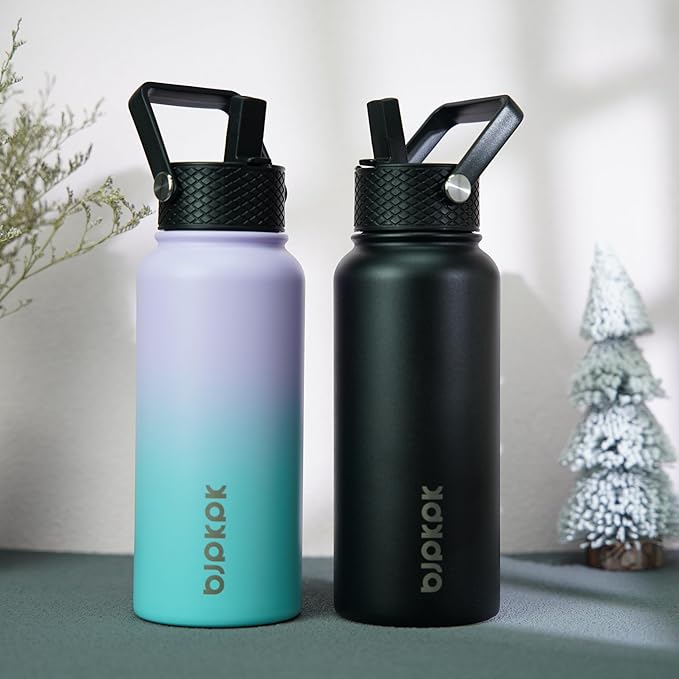 BJPKPK 2 Pack Insulated Water Bottles with Straw Lids, 32oz Stainless Steel Metal Water Bottle with 6 Lids, Leak Proof BPA Free Jugs, Cups, Flasks for Travel, Sports (Lavender Green+Black)