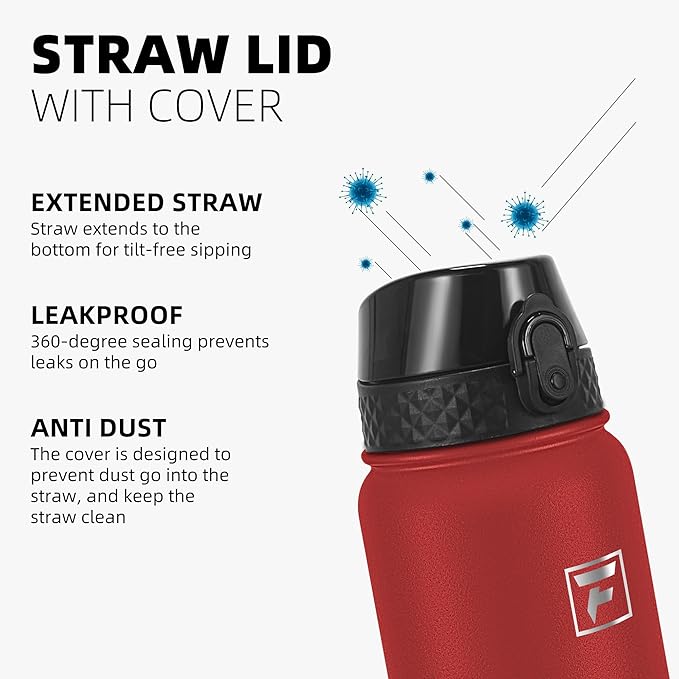 Fanhaw 32 oz Insulated Stainless Steel Water Bottle with Straw Lid, Leakproof Sports Bottle for Men, Women & Teens (Red)
