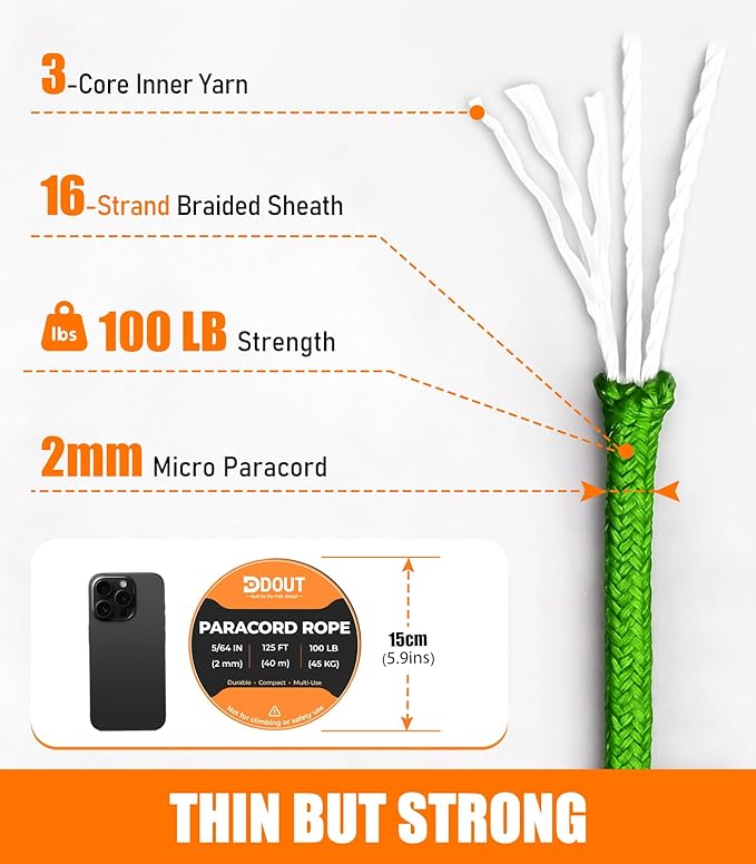 DDOUT 2mm Paracord 100lb, Thin Micro Paracord Rope, FLGreen 125FT Nylon Cord for Crafting, DIY Projects, Fishing, Camping & Outdoor