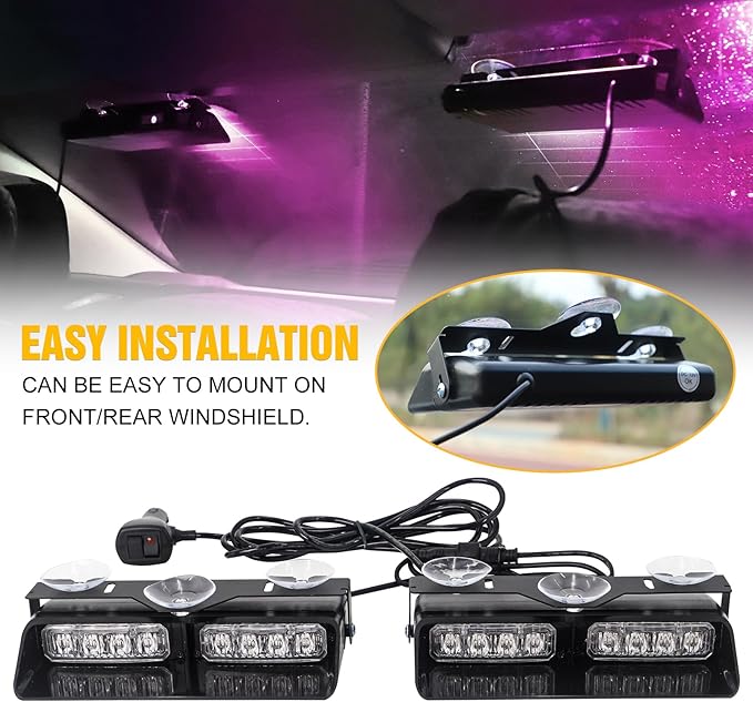 XRIDONSEN 2 in 1 Emergency Dash Strobe Lights Purple White Interior Front/Rear Windshield Lights Hazard Warning Safety Flashing Escort Lights w/Suction Cups for Vehicles Trucks (2×7.16 inch, 16 LED)