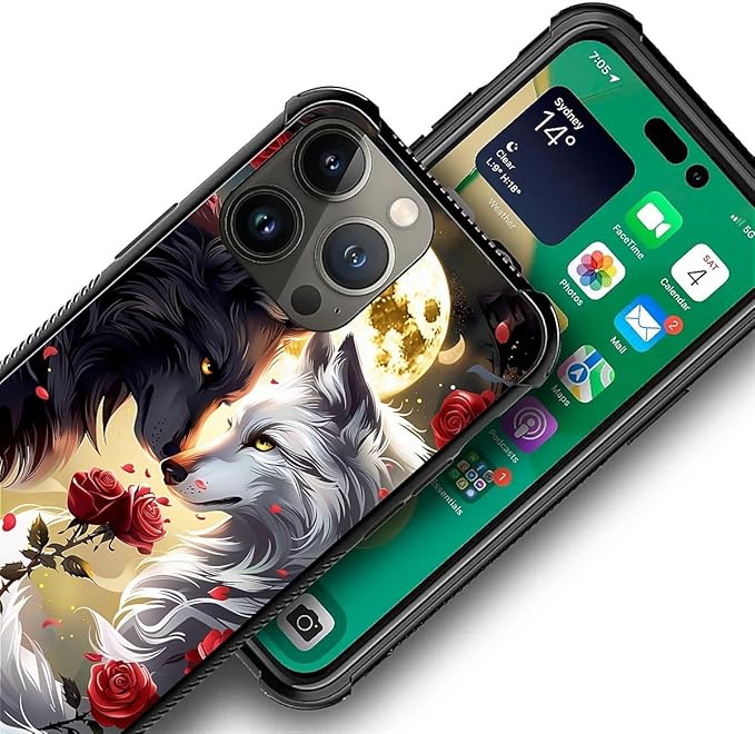 for iPhone 13 Pro Case, Black White Wolf Moon Flower Rose Pattern Graphic Design Girl Boy Soft Silicone Hard Acrylic Shock Protection for iPhone 13 Pro