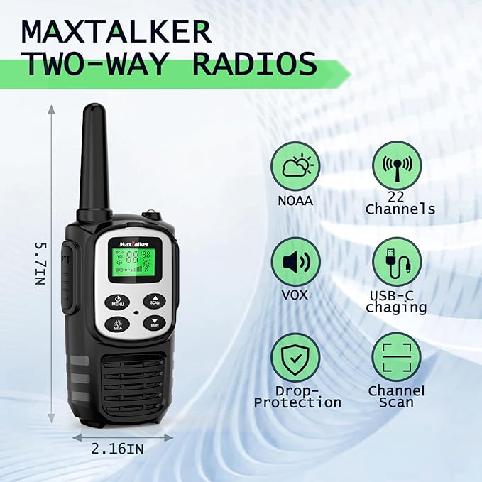 MaxTalker Walkie Talkies Long Range for Adult, MT10 Rechargeable Walkie Talkies FRS Two Way Radio, NOAA, 1200mAh Li-ion Battery USB-C Cable, LED Flashlight,VOX Walkie Talkie for Camping 2Pack (Silver)