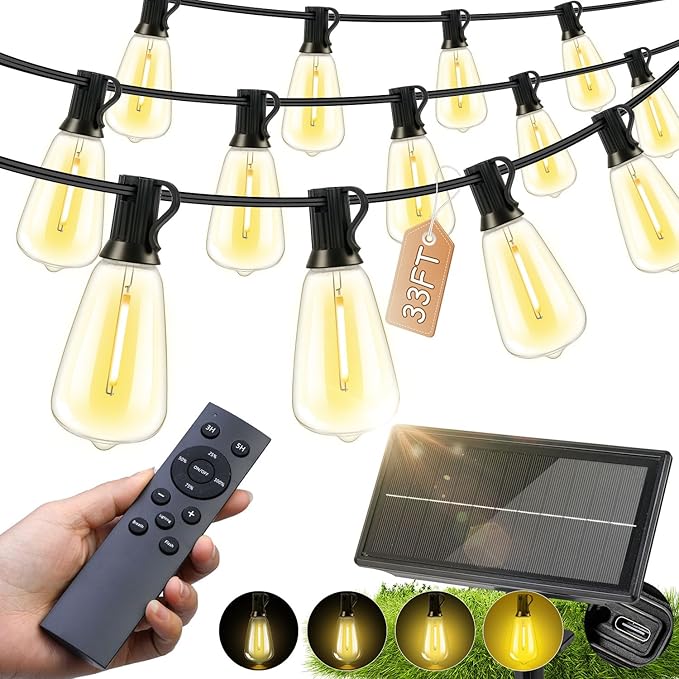 Solar Lights Outdoor Waterproof: ST38 33FT 10M Shatterproof Bulbs Patio Lights - Solar Powered & USB Charging- Remote Control 3 Light Modes Dimmable Solar Light - Camping Backyard Garden