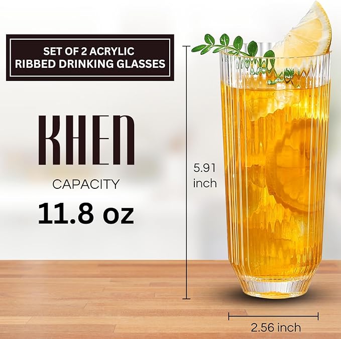 Khen Plastic Acrylic Ribbed Drinking Glasses – Set of 2 Clear 11.8oz Tritan Tumblers, European Style Shatterproof Drinkware – Durable, BPA-Free, Dishwasher Safe, Stackable & Unbreakable Plastic Cups