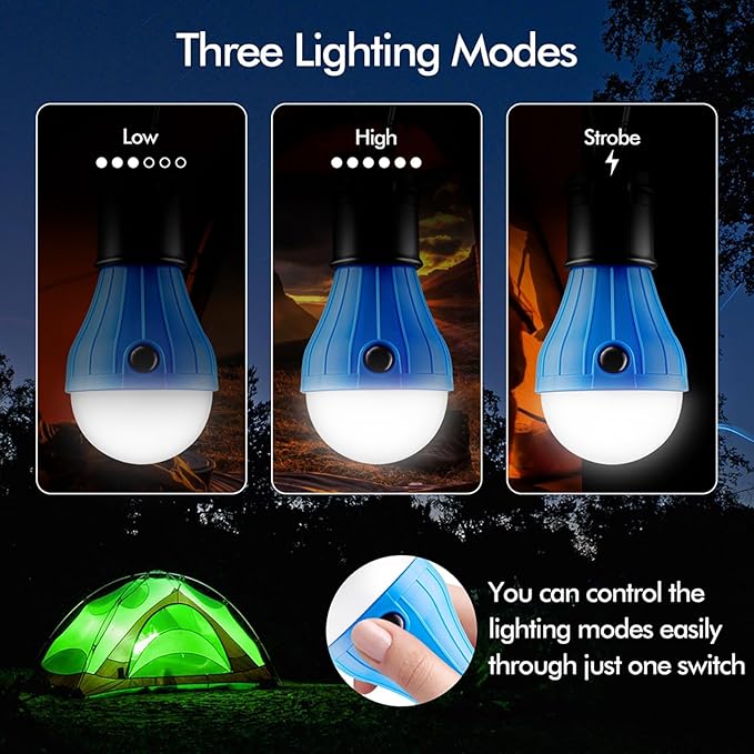FLY2SKY Tent Lamp Portable LED Tent Lights Blue 4 Packs Hook Hurricane Emergency Lights LED Camping Lights Bulb Camping Tent Lanterns Camping Equipment for Camping Hiking Backpacking Fishing Outage