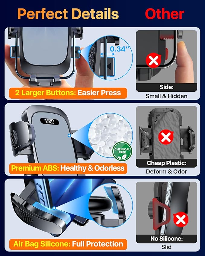 YRU [True Upgrade for Safety] Car Phone Holder Mount [Patent & Military-Grade] Dashboard Cell Phone Holder for Car Vent Windshield Phone Stand for iPhone 17 16 15 14 13 Pro Max Truck Samsung (Grey)