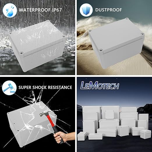 LeMotech Junction Box IP67 Waterproof Dustproof ABS Plastic Project Box for Electrical Outdoor Enclosure Gray 6.9 x 4.9 x 3.9 inch (175 x 125 x 100 mm)
