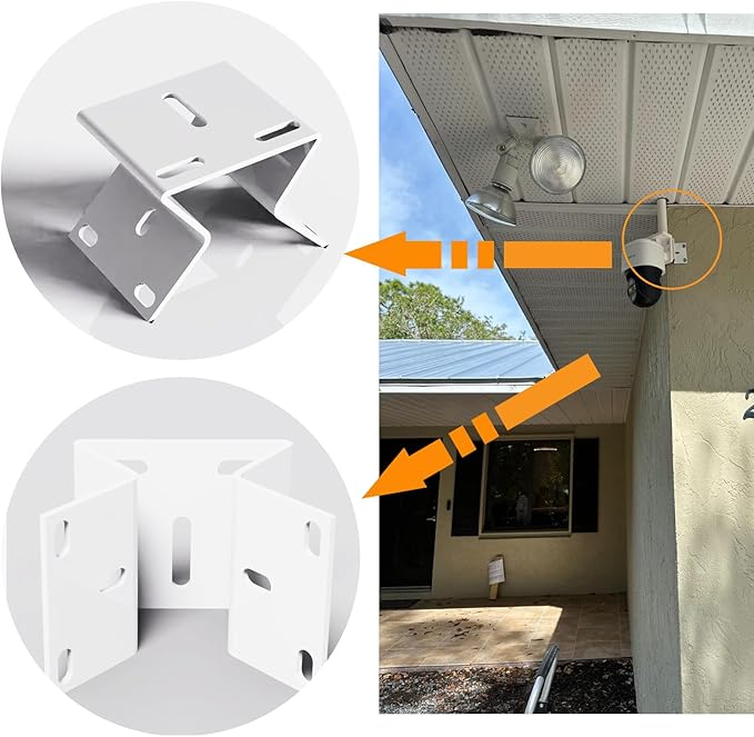 Outdoor Corner Security Camera Mount - White Metal Bracket for CCTV Surveillance System, Exterior Wall/Eaves/Stairwell Installation with Hardware Kit (1-Pack)