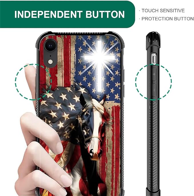 for iPhone XR Case, Red American Flag Horse Cross Pattern Graphic Design Girl Boy Soft Silicone Hard Acrylic Shock Protection for iPhone XR