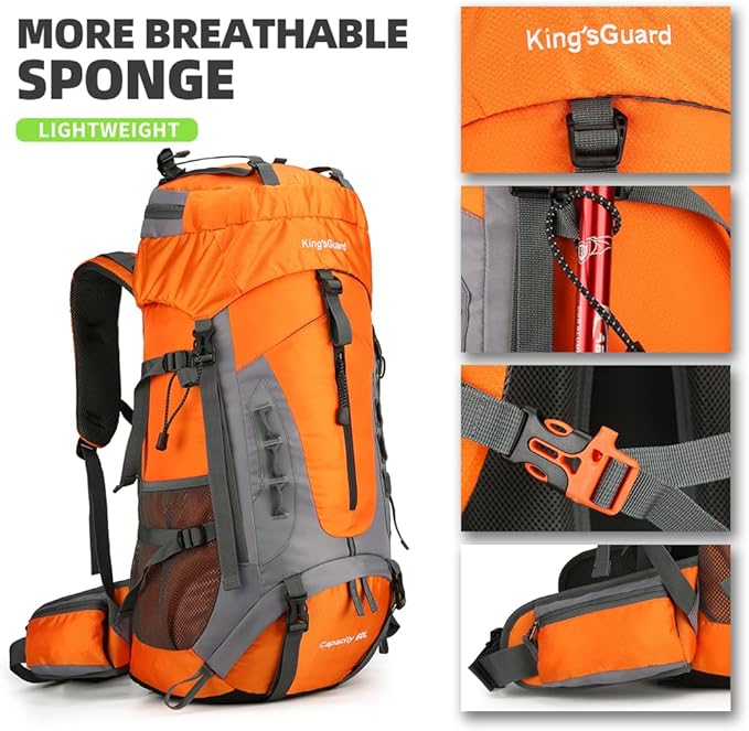 King'sGuard 60L Hiking Backpack for Men and Women Lightweight Camping Hiking Backpack with Rain Cover Large Waterproof Travel Backpack Backpacking Pack (Orange)
