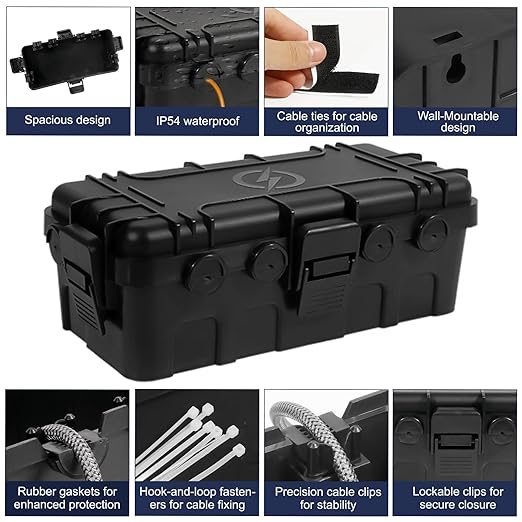 Medium Outdoor Electrical Box (11.6x5.2x4.1 inch), IP54 Waterproof Extension Cord Cover w/ 6 Cable Entry, Weatherproof Connection Box for Power Strip, Plug, Timer, Holiday Lights, Black