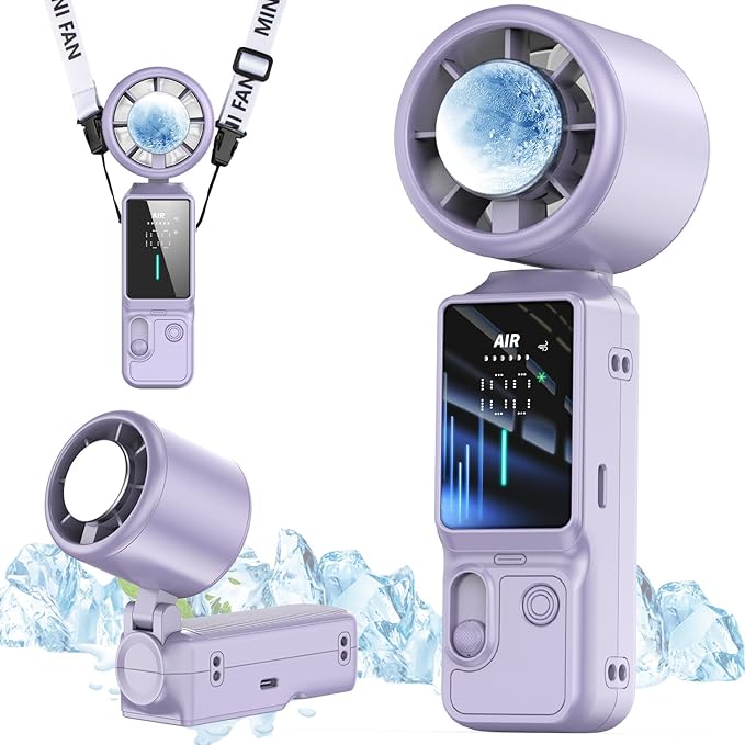 Foluu 3-in-1 Portable Cooling Fan with Active Cooling Technology, 16,000 RPM, 100-Speed Touch Control & LED Display, Type-C Fast Charge, Neck Strap & Stand – for Travel, Office, Outdoor (Purple)