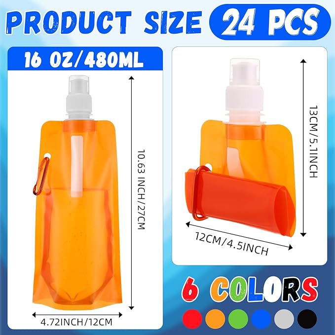 Teenyyou 24 Pack Collapsible Water Bottles Bulk 16oz Foldable Water Bottles with Carabiner Reusable Drinking Leak Proof Container Bags for Sport Biking Hiking Camping Travel Outdoor (6 Colors)