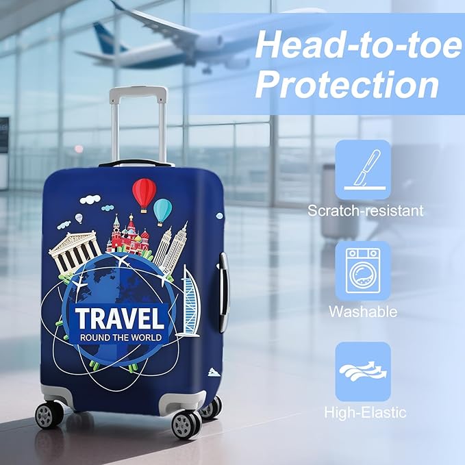 ANNA QUEEN Travel Globe Airplane Luggage Cover -Stretchable Airplane Suitcase Protector Sleeve,Universal Washable Fit for 20-22 Inch Checked Baggage,Water Resistant Durable Luggage Protector