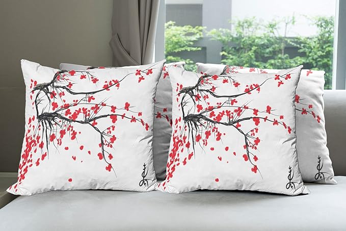 Ambesonne Nature Throw Pillow Cushion Case Pack of 4, Sakura Blossom Japanese Cherry Tree Garden Summertime Vintage Cultural Print, Modern Accent Double-Sided Digital Printing, 20", Grey Vermilion