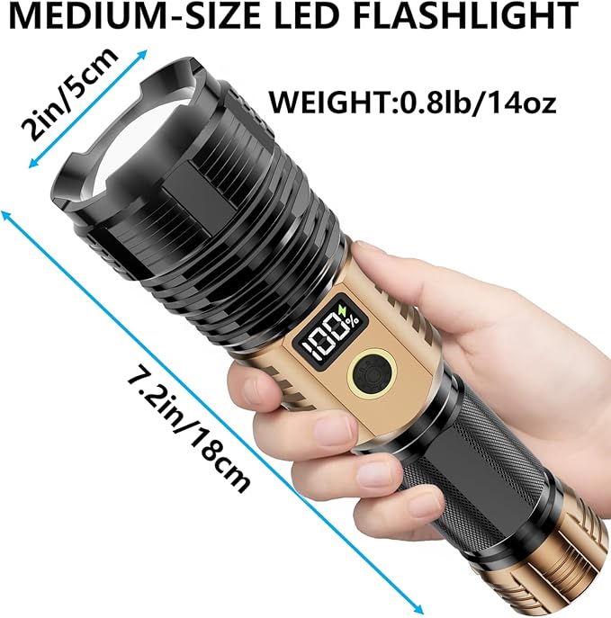 Flashlights High Lumens Rechargeable, 100,000LM LED Super Bright Flash Light, Zoomable Linternas with LCD Digital Display, 5 Mode, Waterproof, Powerful Tactical Flashlight for Emergencies Camping Gift