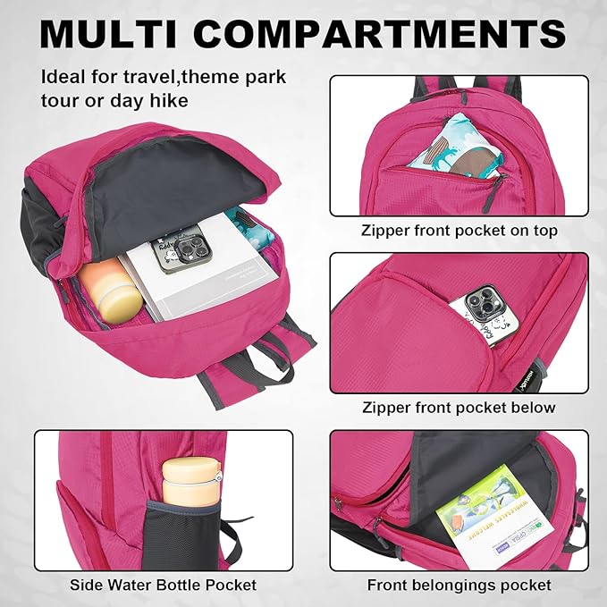 HOLYLUCK 20L lightweight packable Hiking Daypack Foldable Backpack for Men Women Small Travel Outdoor Foldable Shoulder Bag-pink