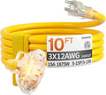 10 ft 12 Gauge Heavy Duty 3 Outlet Extension Cord Splitter with Indicator, Waterproof Outdoor Extension Cord with Multiple Outlets, 15A 1875W for Garden, ETL Listed, Flexible Yellow SJTW