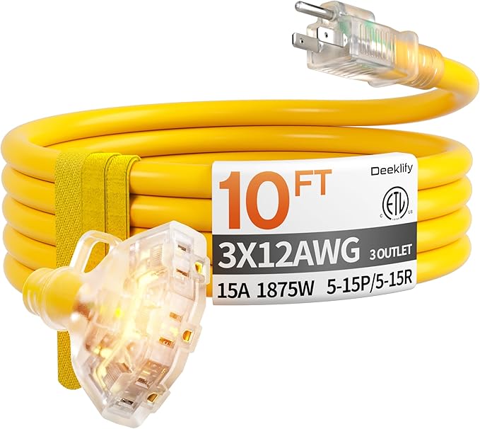10 ft 12 Gauge Heavy Duty 3 Outlet Extension Cord Splitter with Indicator, Waterproof Outdoor Extension Cord with Multiple Outlets, 15A 1875W for Garden, ETL Listed, Flexible Yellow SJTW