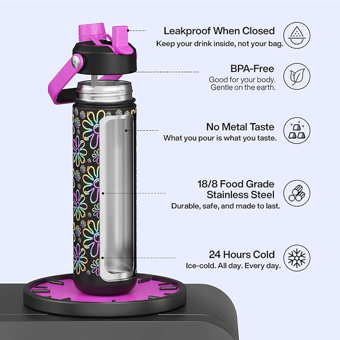 ENCOOL Insulated Water Bottle with Straw Stainless Steel Water Bottle, Glow in the Dark, Leak-Proof, BPA-Free, Keeps Cold for 24 Hours for Sports, Travel, School (26 oz, Flower)