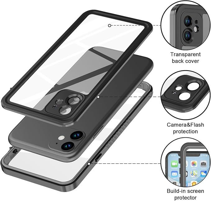 for iPhone 11 Waterproof Case with Screen Protector Full Body Protector Shockproof Dustproof Dirtproof Heavy Duty IP68 Waterproof Case for iPhone 11(6.1inch) (Black)