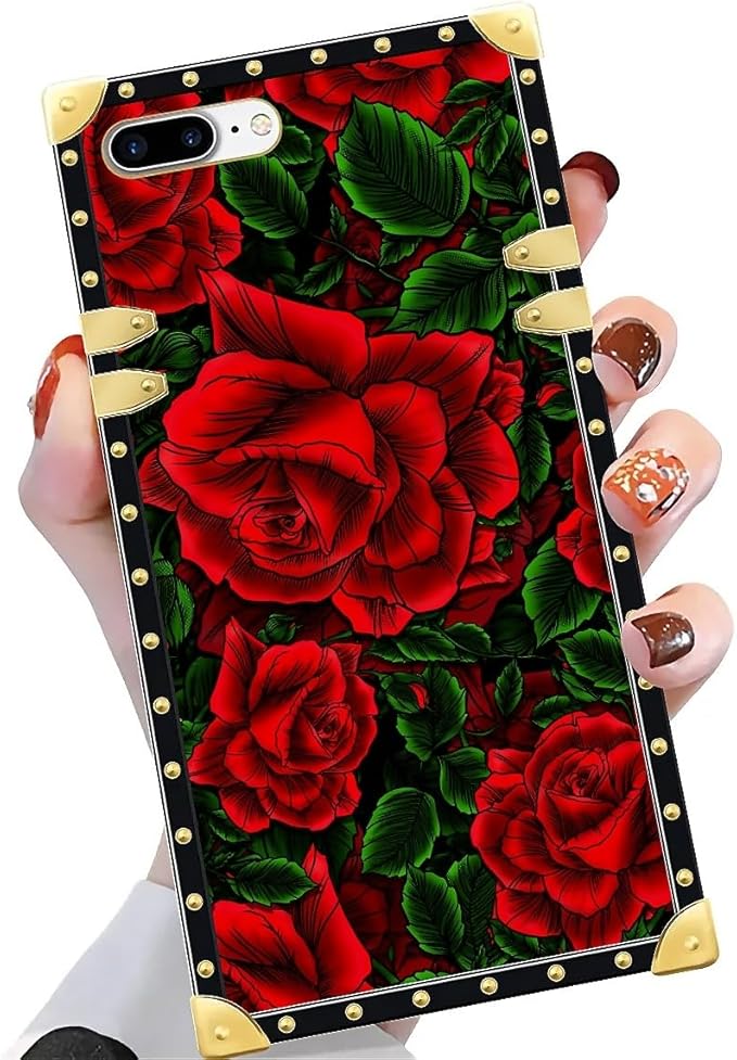 Compatible with iPhone 8 7 SE Case, Vector Red Rose Green Leaf Luxury Golden Decoration for Girl Women Soft TPU Shockproof Protective Hard PC Back for iPhone 8 7 SE