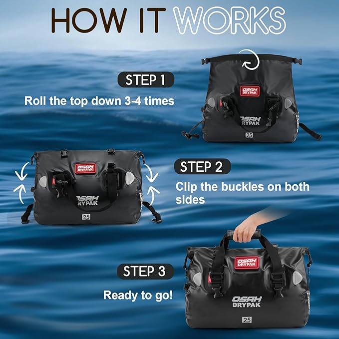 OSAH DRYPAK Waterproof Duffel Bag - Motorcycle Dry Bag Tail Bag with Large Storage Space, Waterproof Luggage Duffle Bags with Outer Mesh Zipper Pocket for Camping, Kayaking, Fishing & Traveling