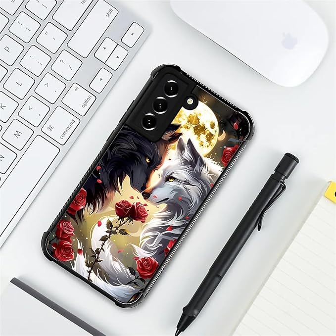 for Samsung Galaxy S21 FE Case, Black White Wolf Moon Flower Rose Pattern Graphic Design Girl Boy Soft Silicone Hard Acrylic Shock Protection for Samsung Galaxy S21 FE