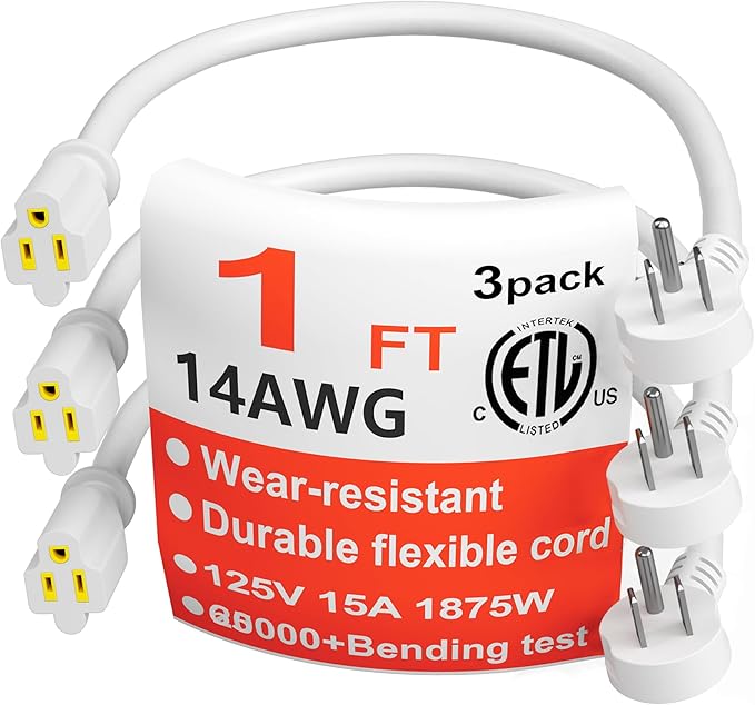 HUANCHAIN 14 Gauge 1 Feet (3 Pack) Flat Plug Extension Cord White Indoor Outdoor, Heavy Duty 3 Prong Grounded Low Profile Extension Wire Flexible, 15A 1875W 125V 14AWG SJTW, ETL Listed
