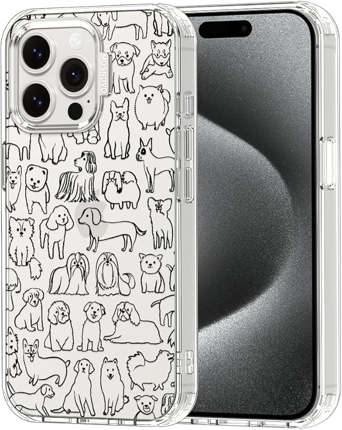 MOSNOVO Case for iPhone 15 Pro Max, [Buffertech 6.6ft Military-Grade Drop Protection] [Anti Peel Off Tech] Clear TPU Bumper Phone Case Cover Design - Doodle Dog