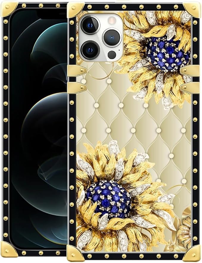 Compatible with iPhone 11 Pro Max Case, Sunflower Diamonds Leather Luxury Golden Decoration for Girl Women Soft TPU Shockproof Protective Hard PC Back for iPhone 11 Pro Max