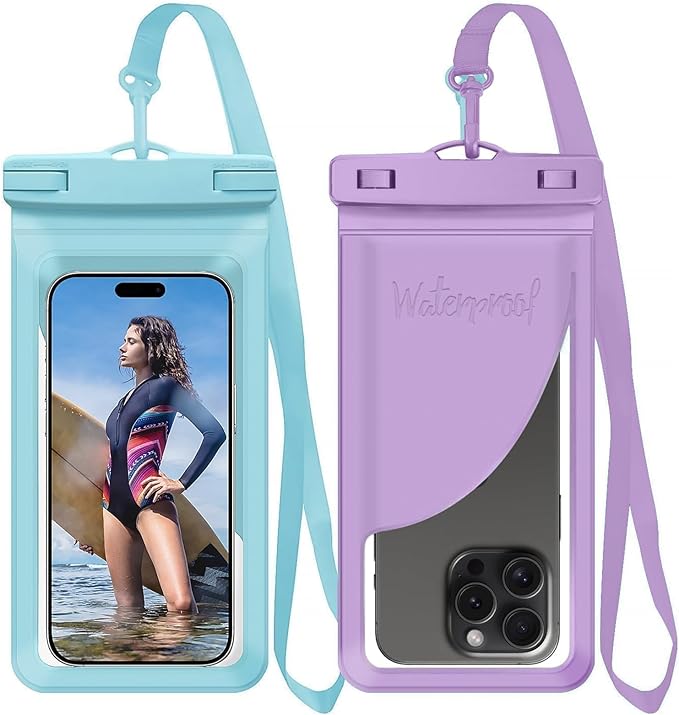 Waterproof Phone Pouch, with Interior Card Pocket, Large Waterproof Phone Case for iPhone 17 16 15 14 Pro Max, IPX8 Lightweight Phone Dry Bag, Beach Cruise Ship Essential,2 Pc-Blue+Purple-8.3″