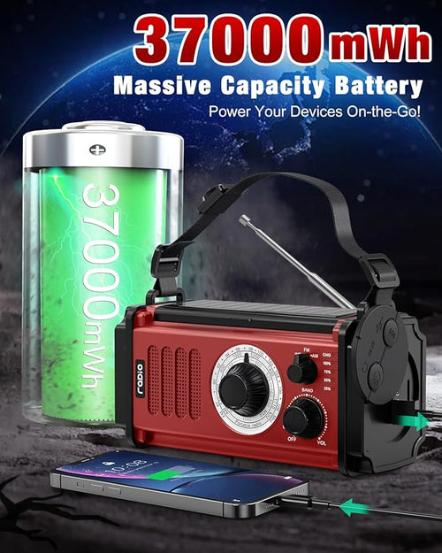 10000wAh/37000mWh Emergency Hand Crank Radio, Solar AM FM NOAA Weather Radio, 5 Charging Methods, Torch & LED Reading Light, SOS Alarm for Winter Storm Emergency, Red