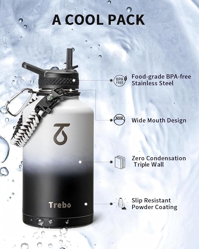 Trebo Water Bottle 64oz with Paracord Handle, Half Gallon Large Vacuum Triple Wall Stainless Steel Insulated Water Jug with Holder Strap Straw Spout Lids, Leakproof Keep Cold & Hot,Black and white